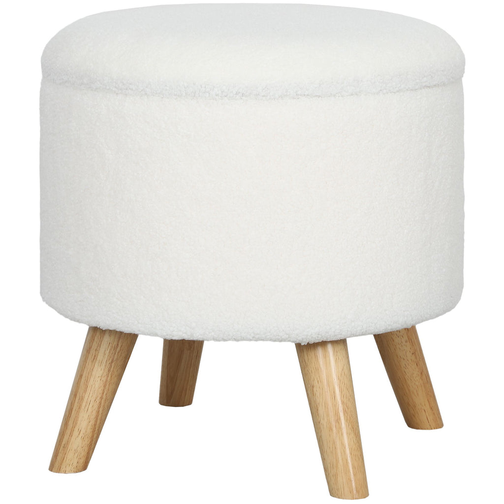 Round Ottoman Stool with Storage, Linen Upholstered Foot Stool with Padded Seat, Hidden Space and Wood Legs, White