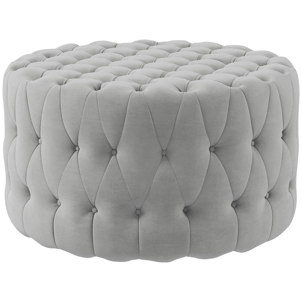 Round Ottoman Velvet-Feel Upholstered Foot Stool, Button Tufted Design and Padded Seat for Living Room, Entryway, Gray