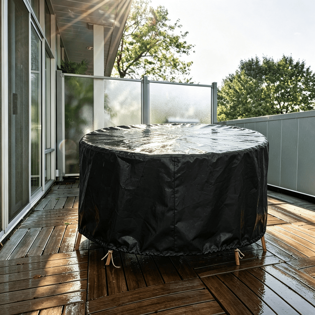 Round Patio Furniture Cover, 91in Diameter x 43in Height, 190T Polyester with Silver UnderCoating, Water UV Tear Resistant Outdoor Table Chair Protector with Adjustable Wind Rope