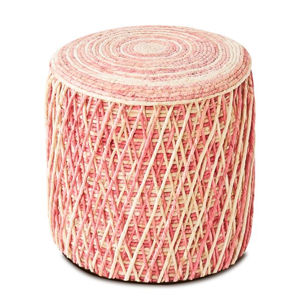 Round Pouf Ottoman Hand Weave Footstool Natural Seagrass Foot Stool Boho Footrest Stool Braided Pouffe Accent Chair for The Living Room Bedroom Nursery Patio Lounge Pink