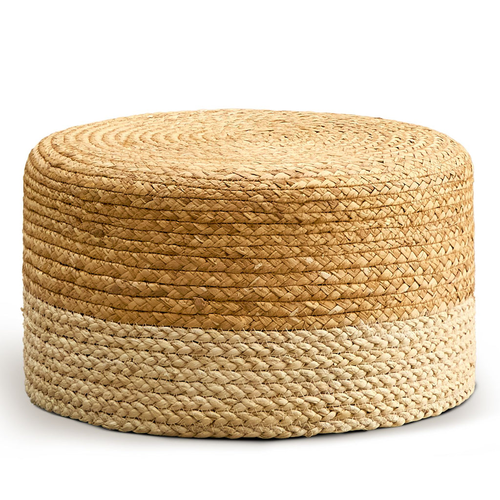 Round Pouf Ottoman, Natural Hand Knitted Footrest Poof, Rustic Lounge Pouffe, Boho Pous Foot Stool, Accent Table or Seat (Natural Cattail + White Corn Husk, 17.7 * 17.7 * 9.84)