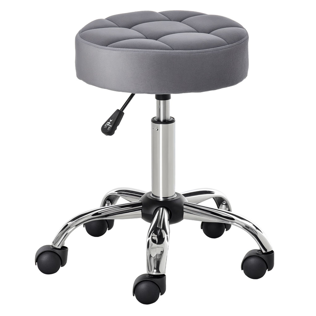 Round Rolling Stool with Height Adjustable Lift, Vanity Chair with Luxury Style Upholstery, Office Chair with Swivel Seat and Wheels for Work Spa Salon, Grey