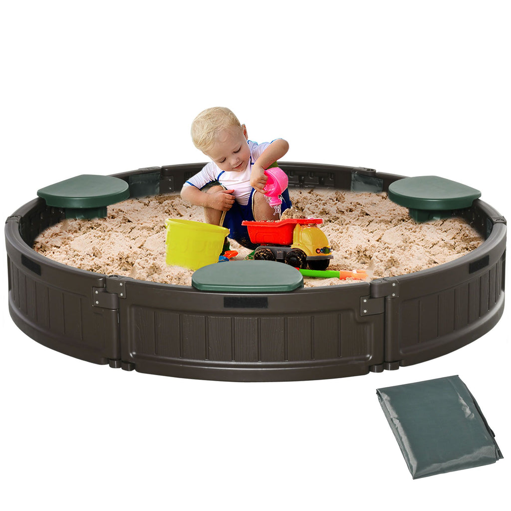 Round Sandbox for Kids, Outdoor Backyard Play Area with Cover and Seating, HDPE and Oxford Fabric, Brown