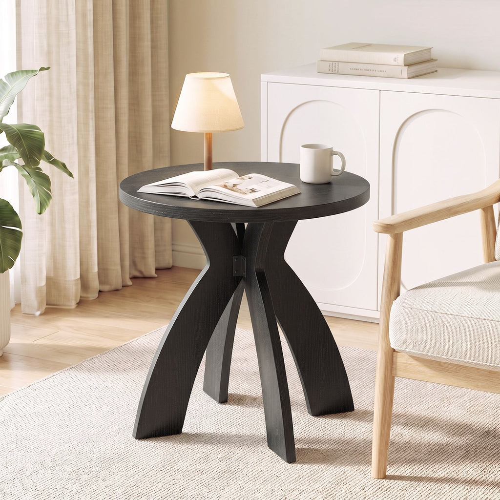 Round Side Table, 23.6 Inch Circular End Table with Curved Cross Legs, Melamine Laminated MDF Accent Table for Living Room, Bedroom, Balcony, Black