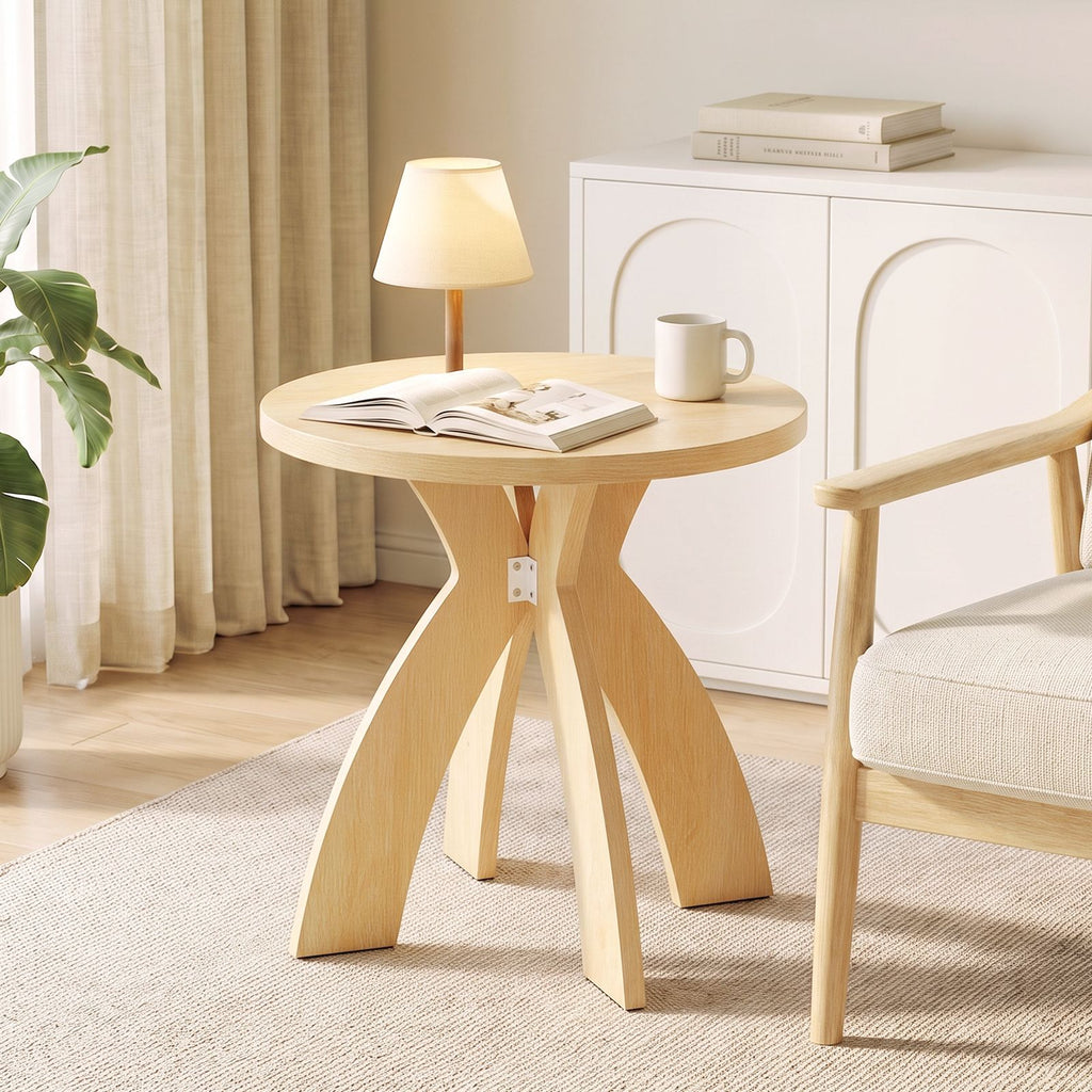 Round Side Table, 23.6 Inch Circular End Table with Curved Cross Legs, Melamine Laminated MDF Accent Table for Living Room, Bedroom, Balcony, Natural Wood Tone