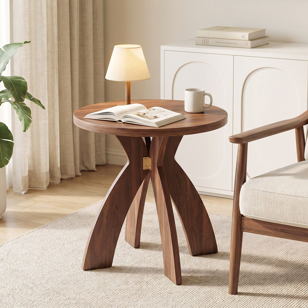 Round Side Table, 23.6 Inch Circular End Table with Curved Cross Legs, Melamine Laminated MDF Accent Table for Living Room, Bedroom, Balcony, Walnut
