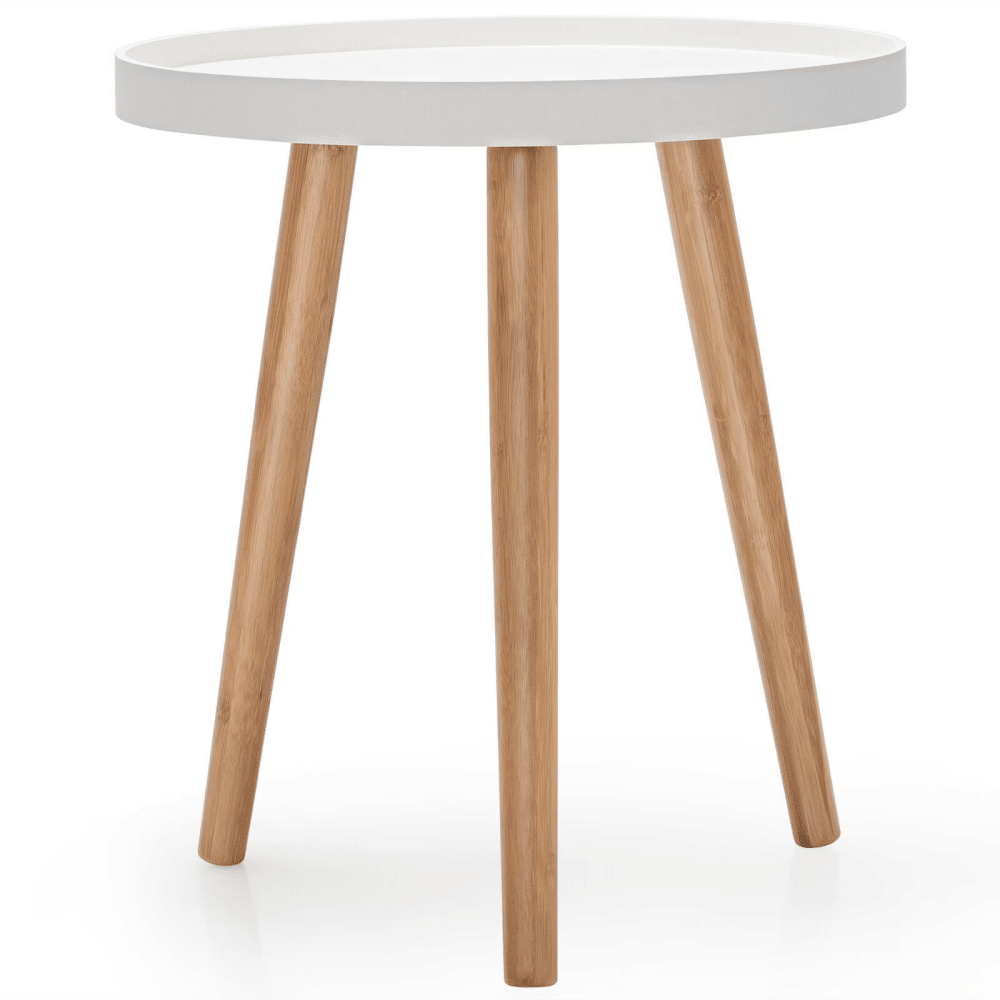 Round SideTablewith Wooden Tray, Mid-Century Accent EndTablewith Bamboo LegsforLiving Room Bedroom Small Spaces, White
