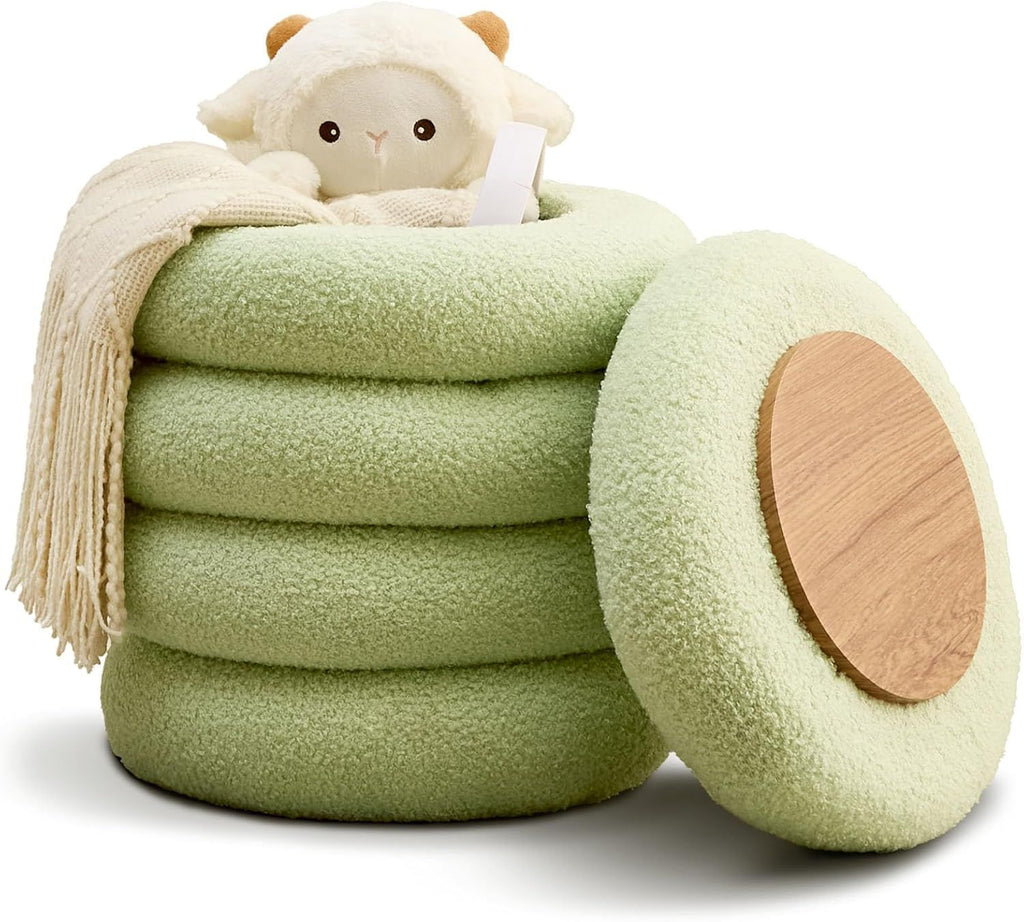 Round Storage Ottoman, Modern Sherpa Footstool, Teddy Vanity Stool with Flip-Top Tray, Makeup Chair for Home Decor, Upholstered Footrest for Living Room & Bedroom (Light Green)