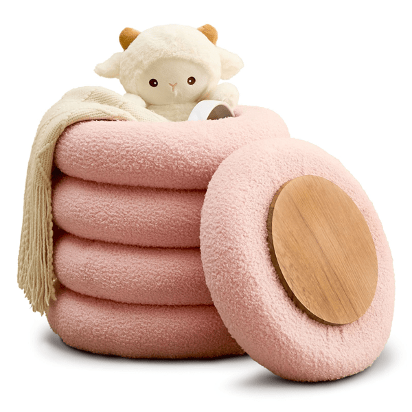 Round Storage Ottoman, Modern Sherpa Footstool, Teddy Vanity Stool with Flip-Top Tray, Makeup Chair for Home Decor, Upholstered Footrest for Living Room & Bedroom (Pink)