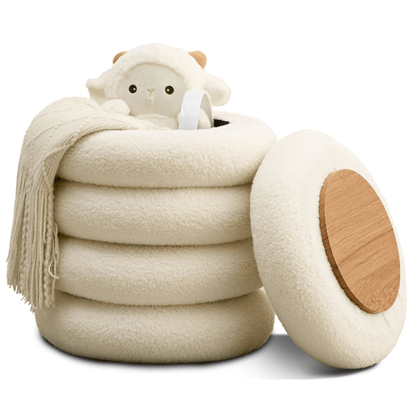 Round Storage Ottoman, Modern Sherpa Footstool, Teddy Vanity Stool with Flip-Top Tray, Makeup Chair for Home Decor, Upholstered Footrest for Living Room & Bedroom (White)