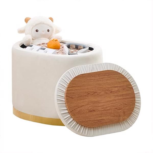 Round Storage Ottoman with Flip-Top Lid, Multi-Functional Footrest and Vanity Stool, Metal Base Side Table, Upholstered Seat for Living Room and Bedroom (Cream)