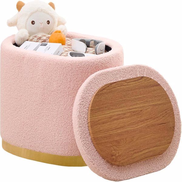 Round Storage Ottoman with Flip-Top Lid, Multi-Functional Footrest and Vanity Stool, Metal Base Side Table, Upholstered Seat for Living Room and Bedroom (Pink)