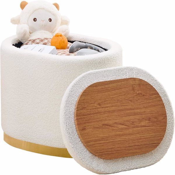 Round Storage Ottoman with Flip-Top Lid, Multi-Functional Footrest and Vanity Stool, Metal Base Side Table, Upholstered Seat for Living Room and Bedroom (White)