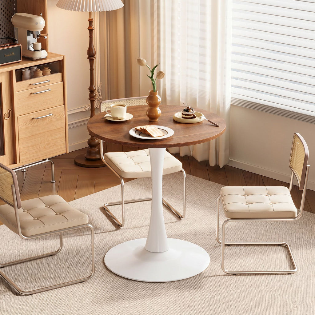 Round Tulip Dining Table, 27.6 Inch 2-Seater Kitchen Table, Melamine Laminated MDF Tabletop with Metal Pedestal Base, Easy Assembly Breakfast Table for Apartment Dining Nook, White & Walnut