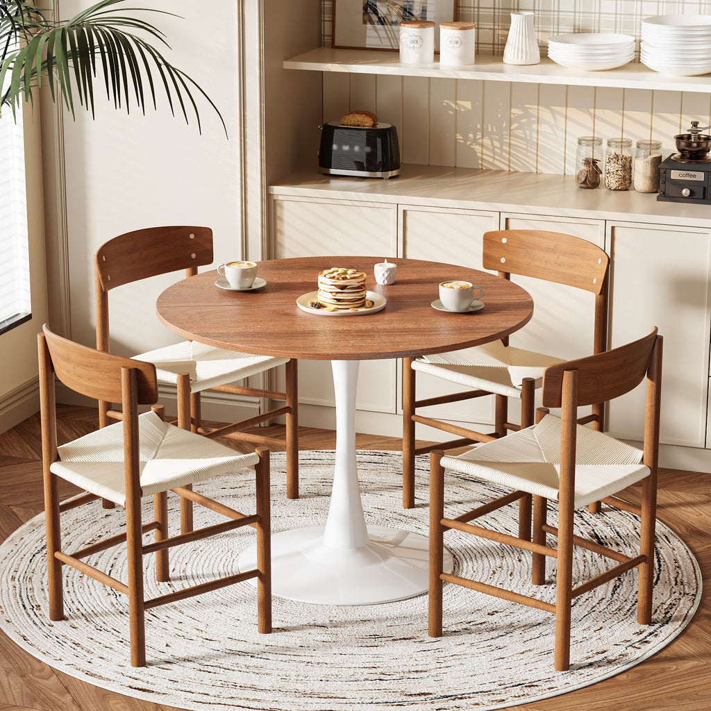 Round Tulip Dining Table for 4 People, 39.4"39.4"29.5" Melamine Laminated MDF Tabletop with Metal Pedestal Base, Easy Assembly Modern Kitchen Dinner Table, White & Walnut Color