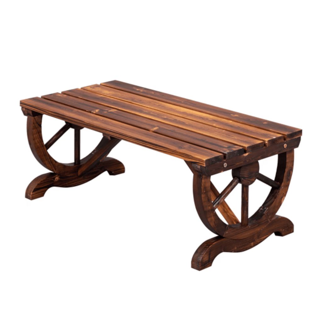 Rustic 2-Person OutdoorGardenBench,Fir Wood Wagon Wheel Legs,Burnt Brown Finish,9" L