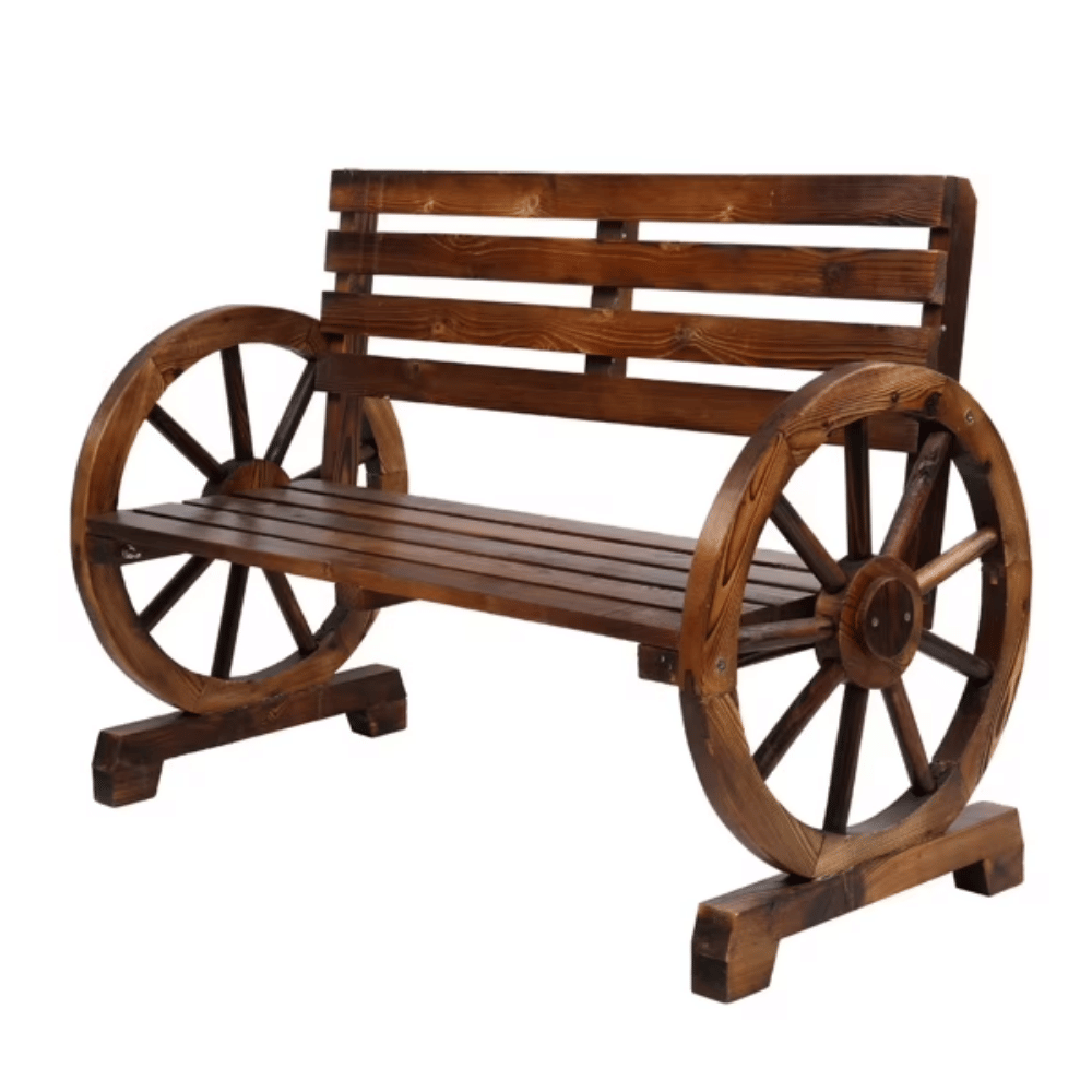 Rustic 2-Person Wooden Wagon Wheel Outdoor Bench, Solid Fir Wood, Dark Brown