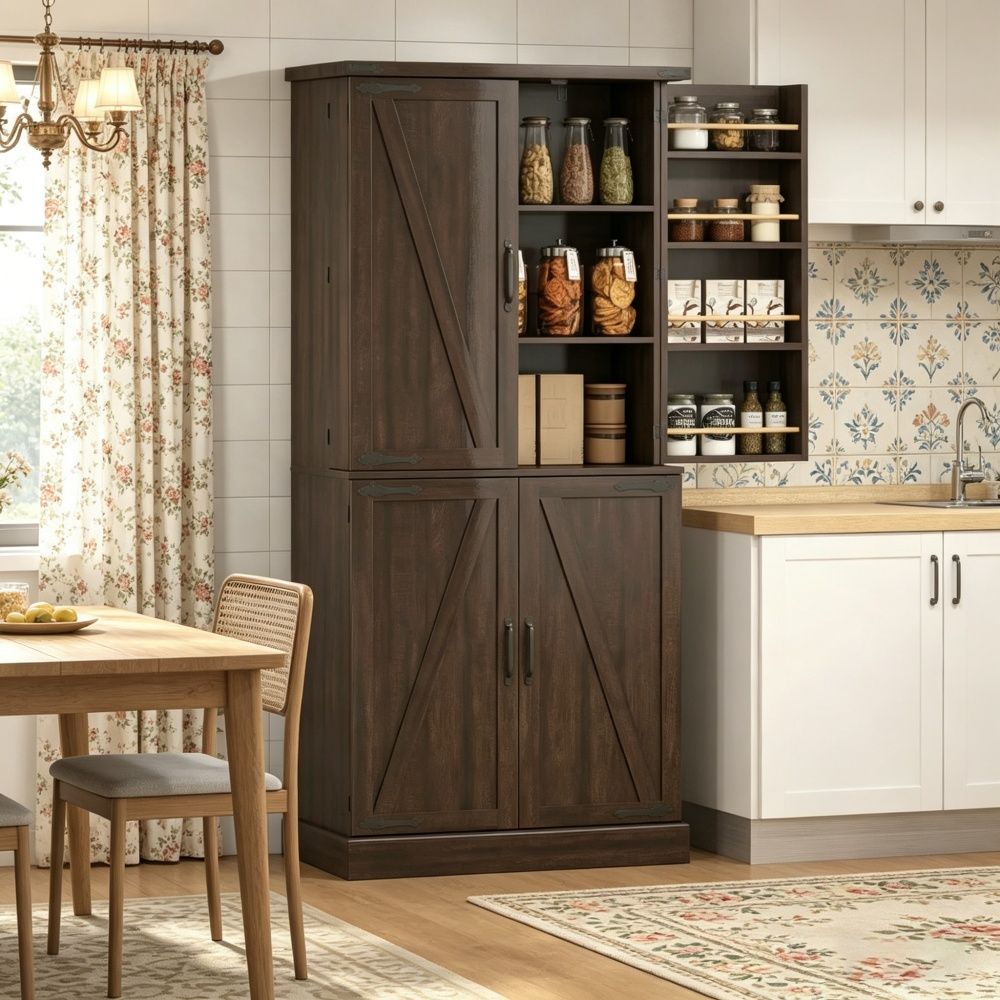 Rustic Barn Style Storage Cabinet with Adjustable Shelves 29.9 Inches X 15.7 Inches X 72 Inches for Kitchen