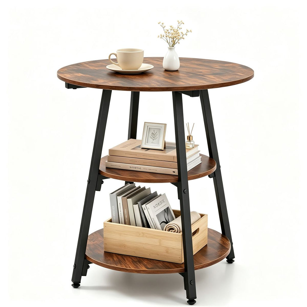 Rustic Brown Black 3Tier Side End Table, Metal Frame Nightstand with 2 Open Storage Shelves, Adjustable Foot Pads Industrial Sofa Side Table for Bedroom Living Room Study