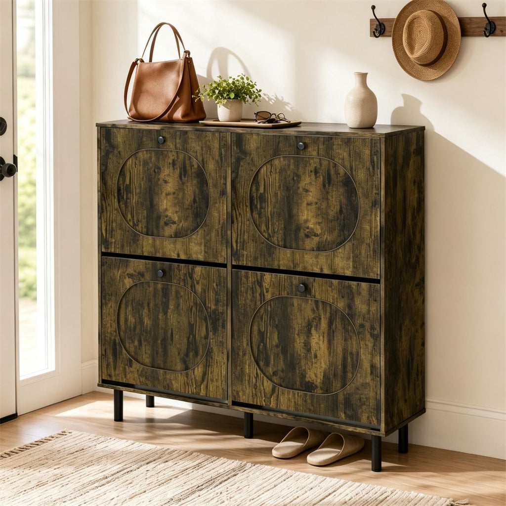 Rustic Brown Narrow Shoe Cabinet with 4 FlipUp Hidden Drawers, Slim Freestanding Shoe Organizer with AntiToppling Device for Entryway Small Foyer