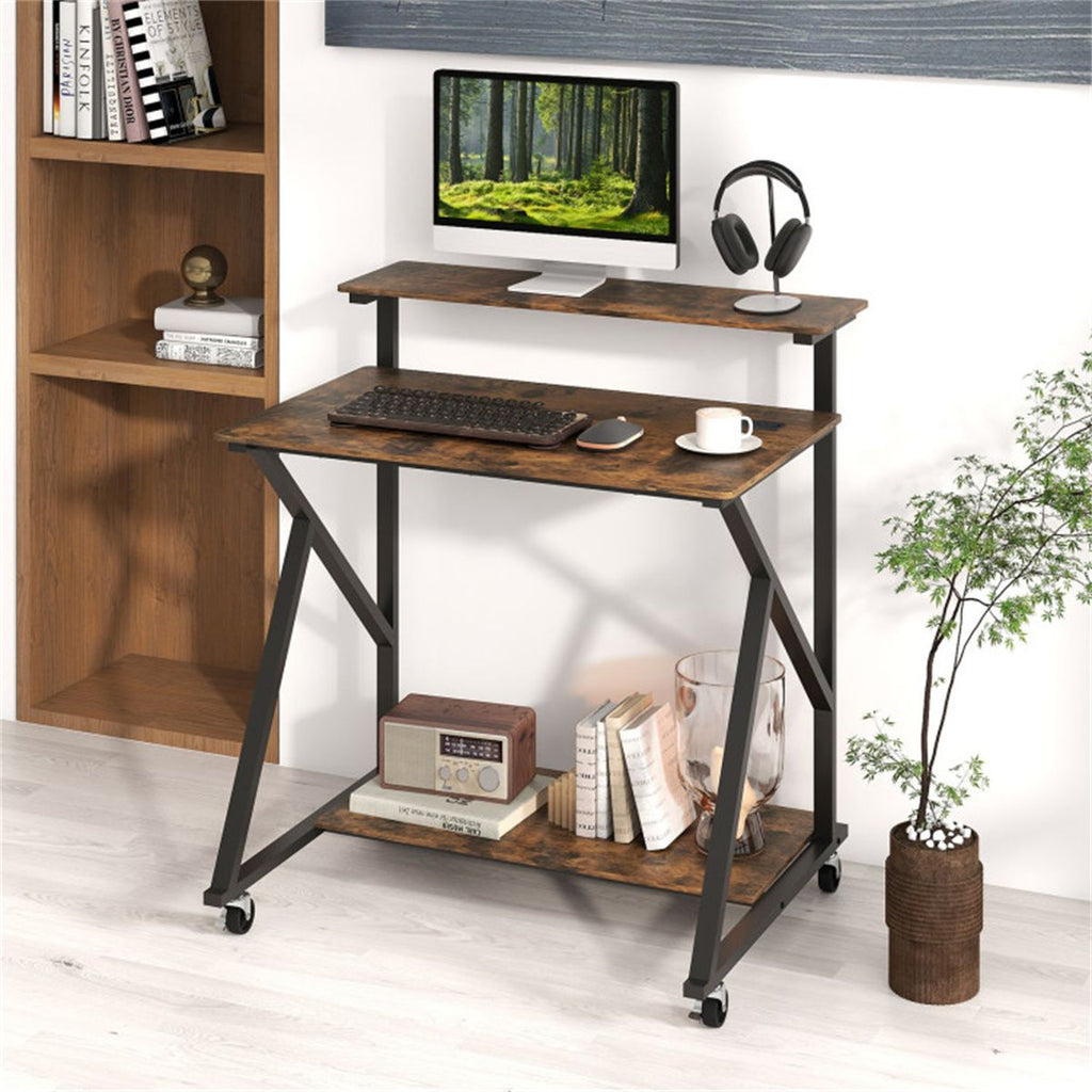 Rustic Brown Rolling Computer Desk with Power Strip 32" Mobile Office Desk with Monitor Stand