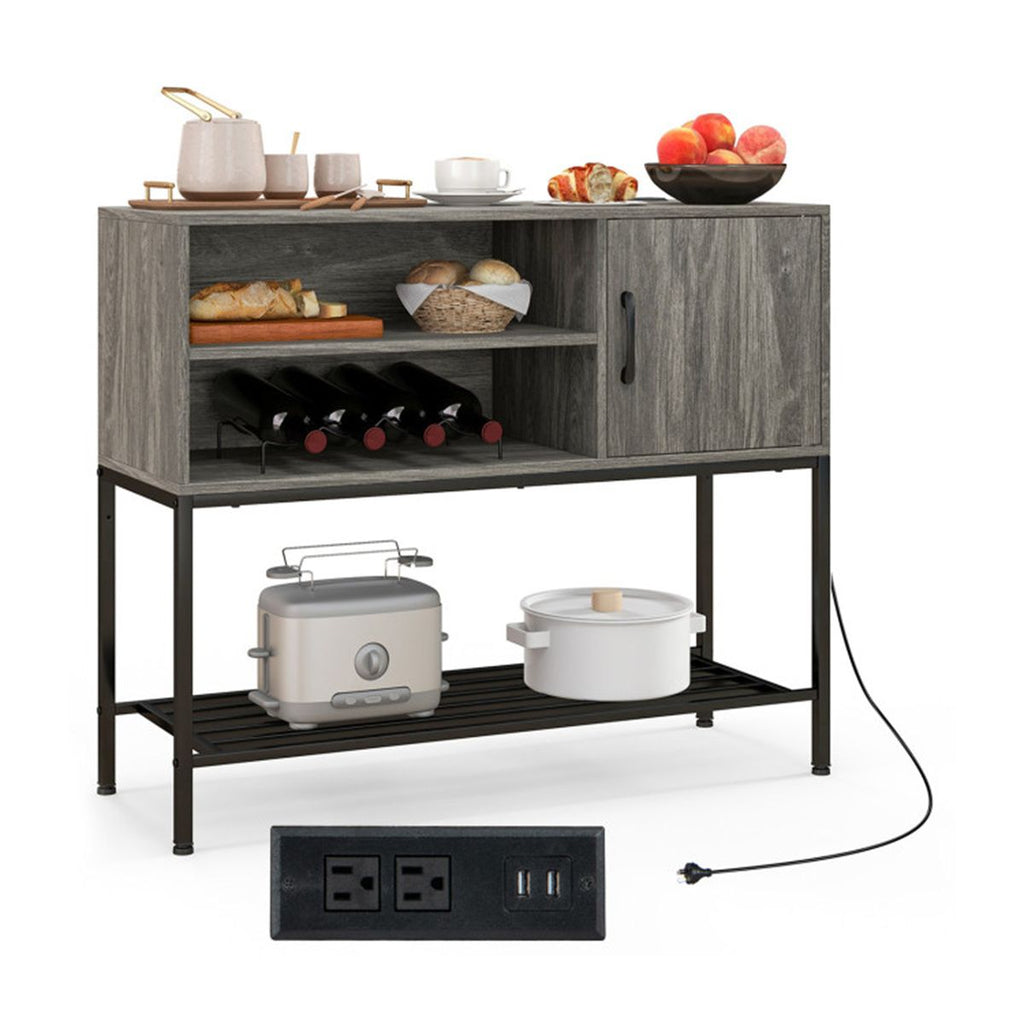 Rustic Brown Sideboard with 2 AC Outlets & 2 USB Ports, Charging Buffet Cabinet with Wine Rack- Gray