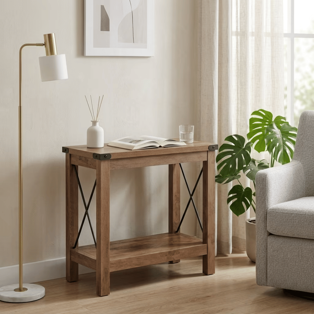Rustic Country SideTable, EndTableforNarrow Areas,HoneyBrown ParticleboardandSteel