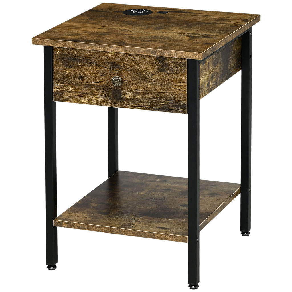 Rustic End Table with Wireless Charging Station & USB Ports, Warm Brown Finish