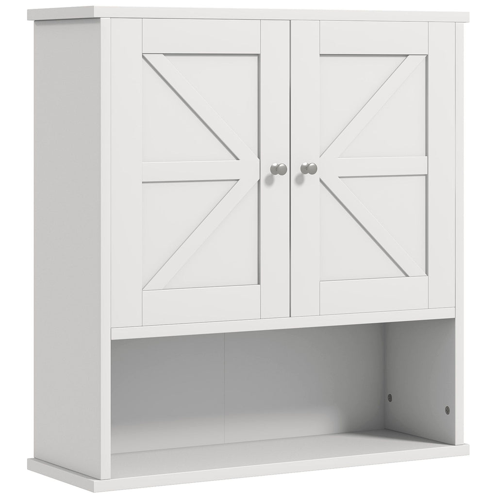 Rustic Wall Organizer: White Farmhouse Medicine Cabinet with Barn Doors & Shelf