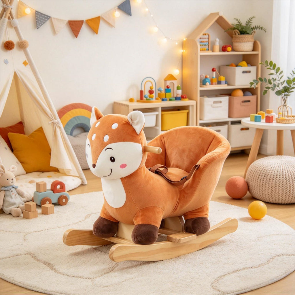 Safe Spotted Deer Rocking Horse, with Sounds, Seat Belt & Widened Base, for Toddlers 1-3 Years, Brown