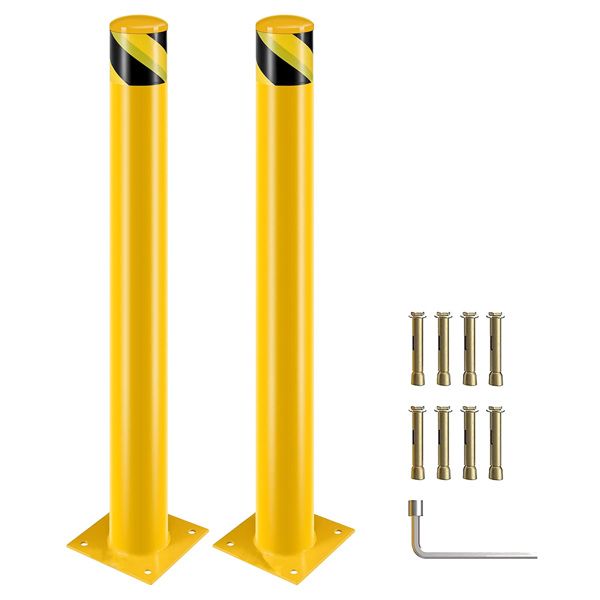 Safety Bollards, 36inch Height Bollard Post, Yellow Powder Coated Safety Parking Barrier Post with 8 Anchor Bolts, Steel Safety Pipe Bollards for High Traffic Areas(2PCS)