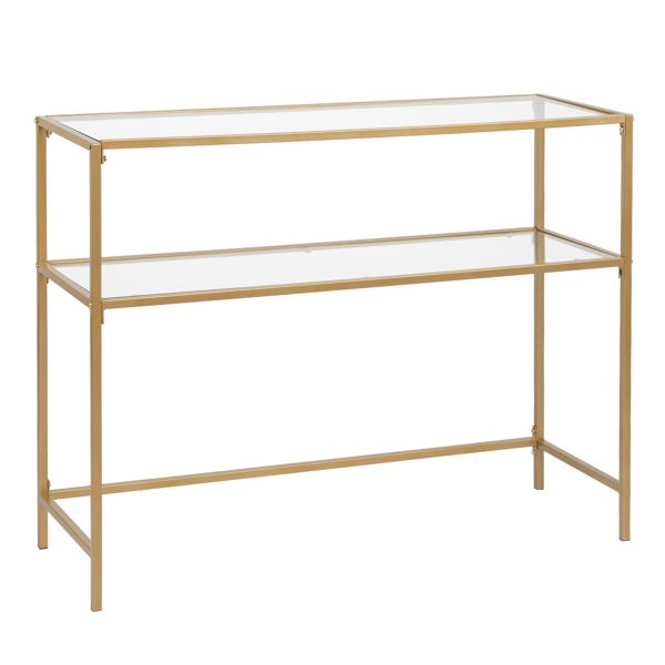 [same code: 29997112]39.4" Console Sofa Table, Modern Entryway Table, Tempered Glass Table, Metal Frame, 2 Shelves, for Living Room, Hallway, Gold Color