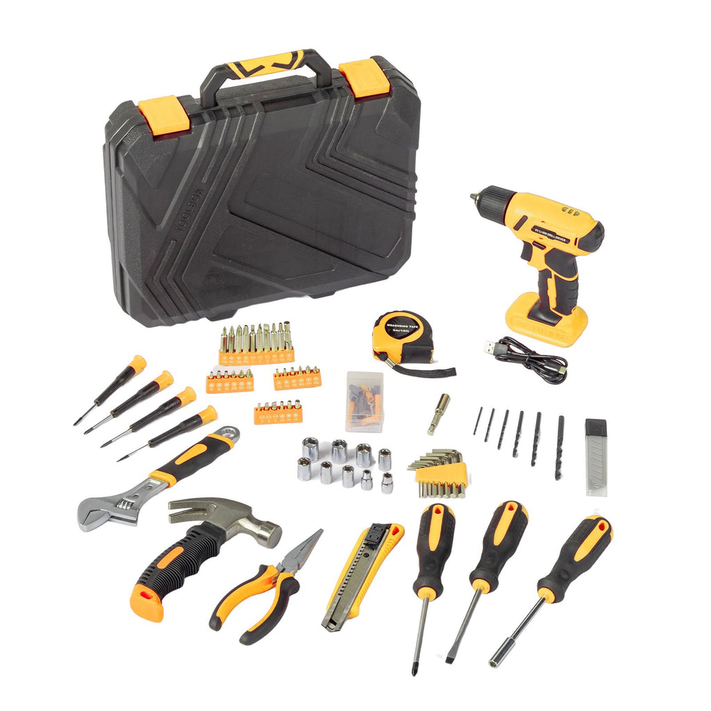 [Same code: 64201288]146-Piece Drill Set with 8V Yellow Cordless Drill, Home Tool Kit with Drill, House Repairing Hand Tool Kits with Portable Case, for DIY Home Maintenance