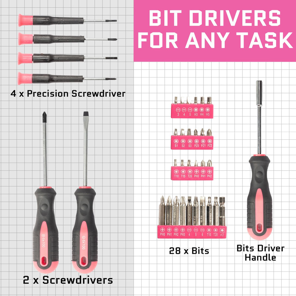 [Same code: 64738747]146-Piece Drill Set with 8V Pink Cordless Drill, Home Tool Kit with Drill, House Repairing Hand Tool Kits with Portable Case, for DIY Home Maintenance