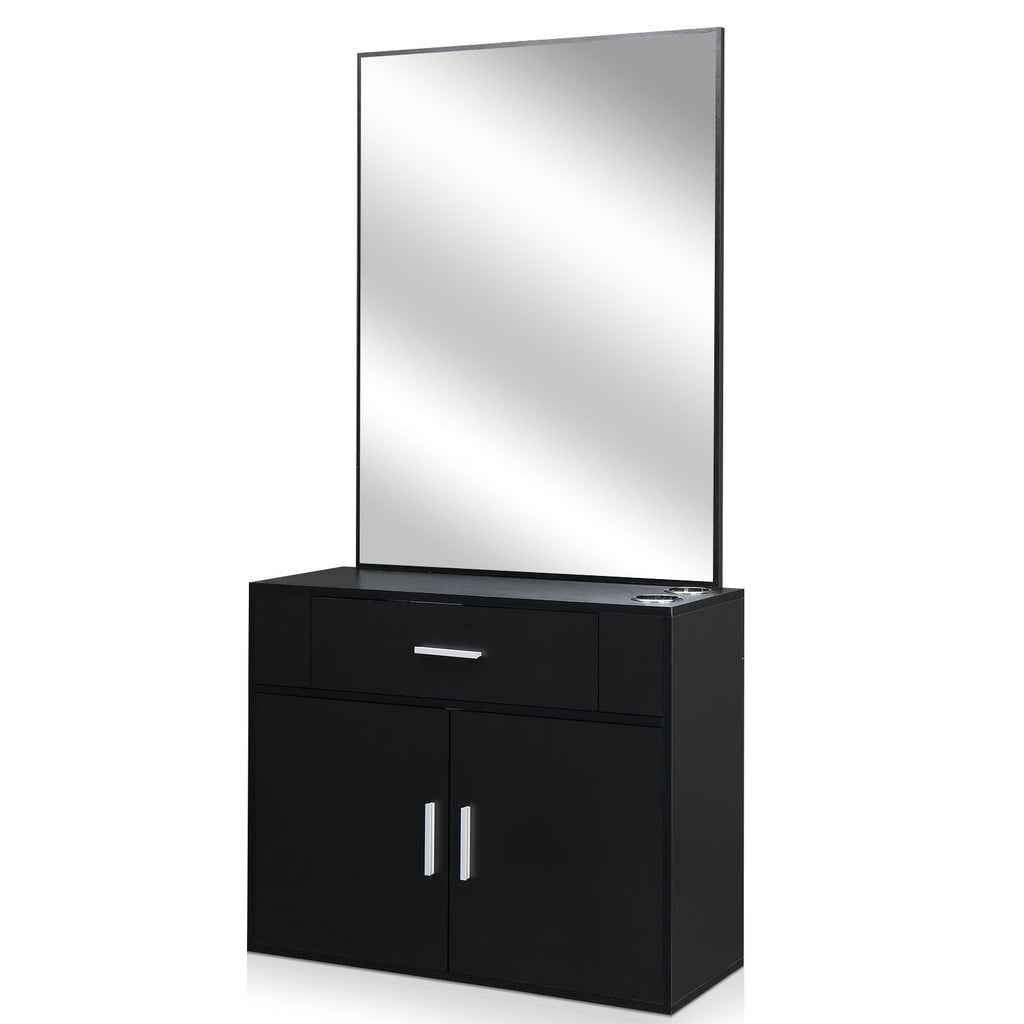 [same code: 75512472]15% E0 chipboard linen top 1 drawer 1 door with mirror Salon cabinet black