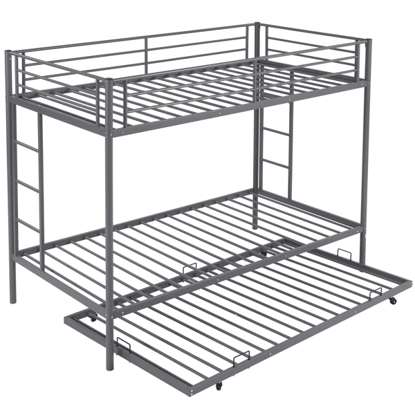 [Same Code: 88733738]Twin Over Twin Bunk Bed with Trundle, Triple Bunk Beds for Kids Teens Adults, Metal Bunk Bed with Two Side Ladder and Guardrails, Grey