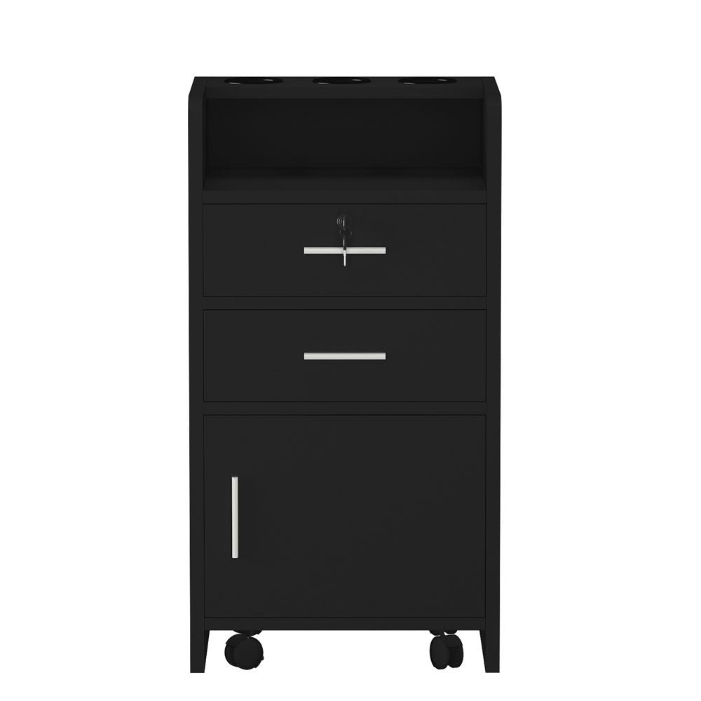 [ Same Code: 92007726]Salon Wood Rolling Drawer Cabinet Trolley Spa 3-layer Cabinet Equipment with A Lock Black