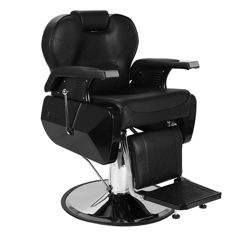 [Same Code:50737623]Barber Chair with Round Base and Footrest, PVC Leather Upholstery, ABS Armrests, Iron Footrest, Reclining, Black, 150kg Capacity