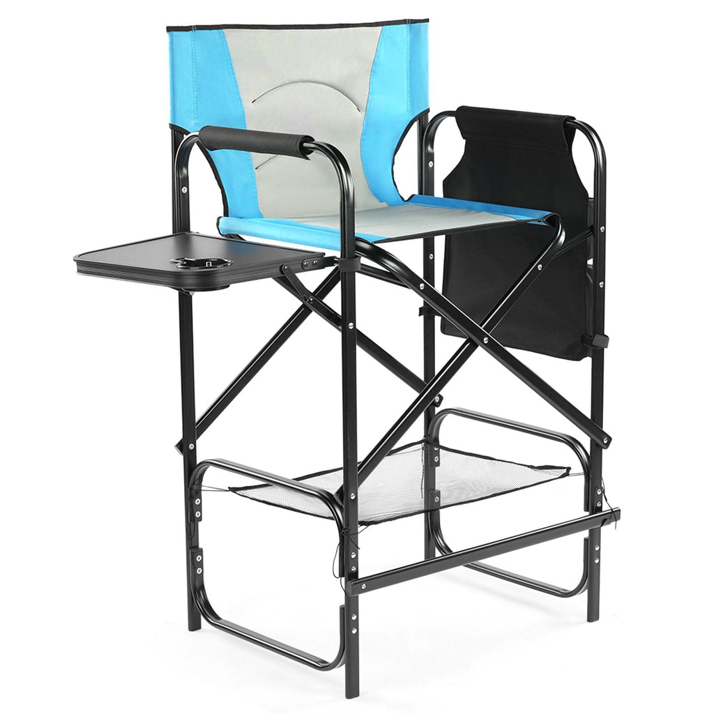 Same Model Code: 2907820631" Tall Directors Chair with Footrest, 4Portable Bar Height Folding Camping Chair with Built-in Cup Holder, Side Table, Storage Pocket, Blue & Gray