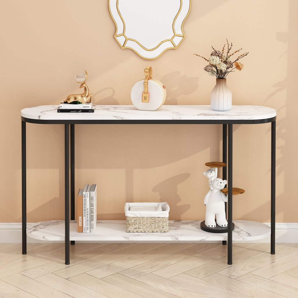 [Same Model Code: 40085878]Console Table 2 Tier Narrow Entryway Table with Storage Shelves Faux Marble Narrow Table for Living Bedroom Hallway Office Easy Assembly, Black & White
