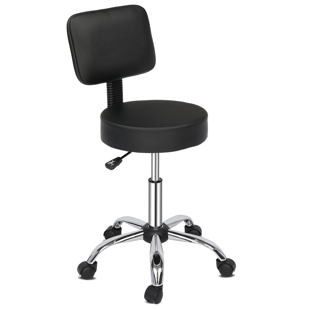 Semi-PU Leather Nylon Wheel 300lbs Round Stool With Backrest Plating Five-Star Feet Technician Stool Black