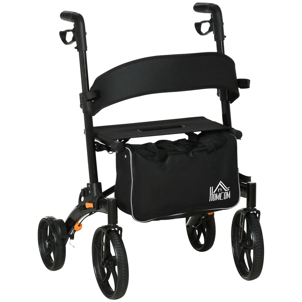 Senior Rollator Walker, Aluminum, Black, with Seat, Backrest, Adjustable Handle Height, and Storage Bag