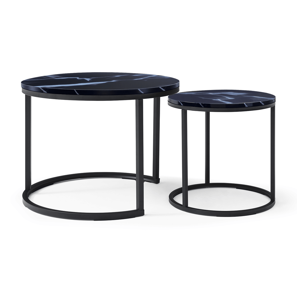 Set 2 Coffee Table Nesting Black top Black Frame Circular Round and Marble Pattern Wooden Tables, Living Room Bedroom Apartment Modern Industrial Simple Nightstand