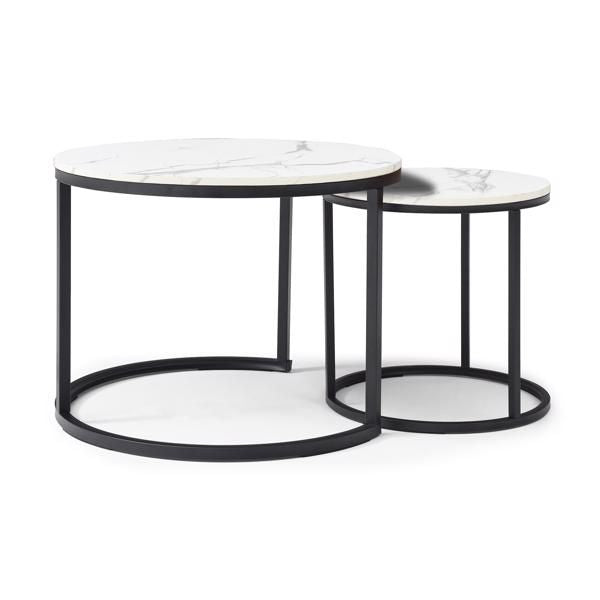 Set 2 Coffee Table Nesting White and gray top Black Frame Circular Round and Marble Pattern Wooden Tables, Living Room Bedroom Apartment Modern Industrial Simple Nightstand
