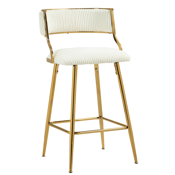(SET of 2) 26'' Counter height bar stools Corduroy kitchen island counter bar stool with back,golden chromed base and footrest (BEIGE)