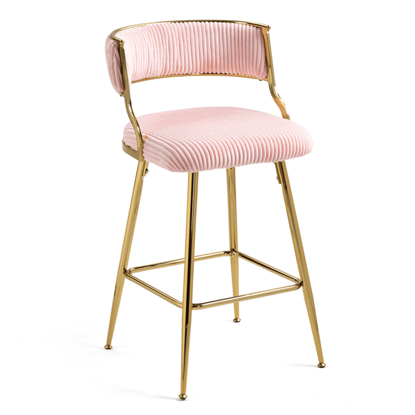 (SET of 2) 26'' Counter height bar stools Corduroy kitchen island counter bar stool with back,golden chromed base and footrest (PINK)