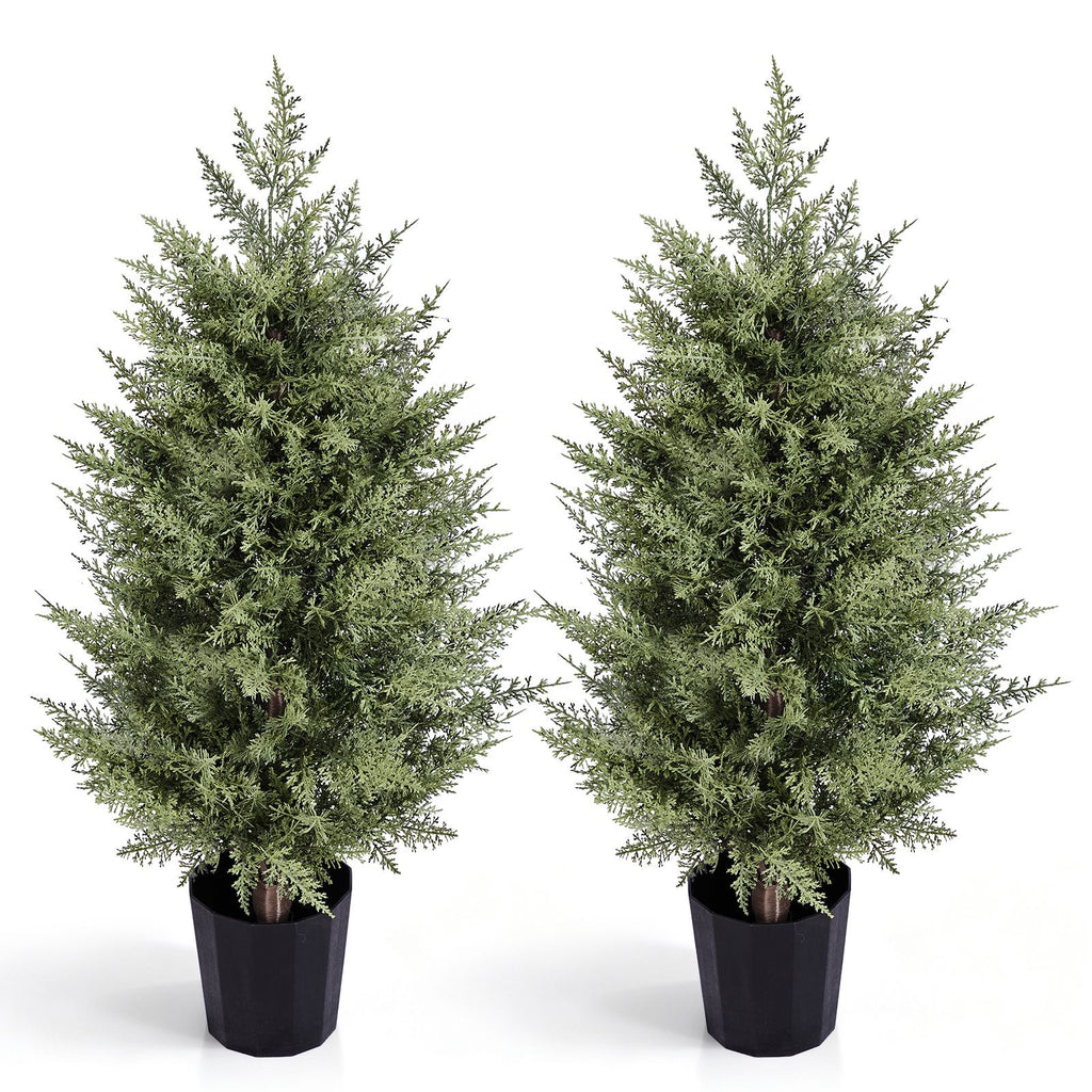 Set of 2 3ft Two-Tone Green PE Potted Trees with Round Black Pots, 250 Branch Tips Each, Artificial Everyday Decorative Trees