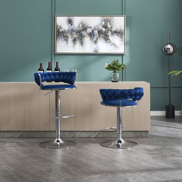 Set of 2 Bar Stools,with Chrome Footrest and Base Swivel Height Adjustable Mechanical Lifting Velvet + Chrome Leg Simple Bar Stool-BLUE