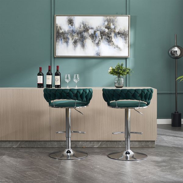Set of 2 Bar Stools,with Chrome Footrest and Base Swivel Height Adjustable Mechanical Lifting Velvet + Chrome Leg Simple Bar Stool-GREEN