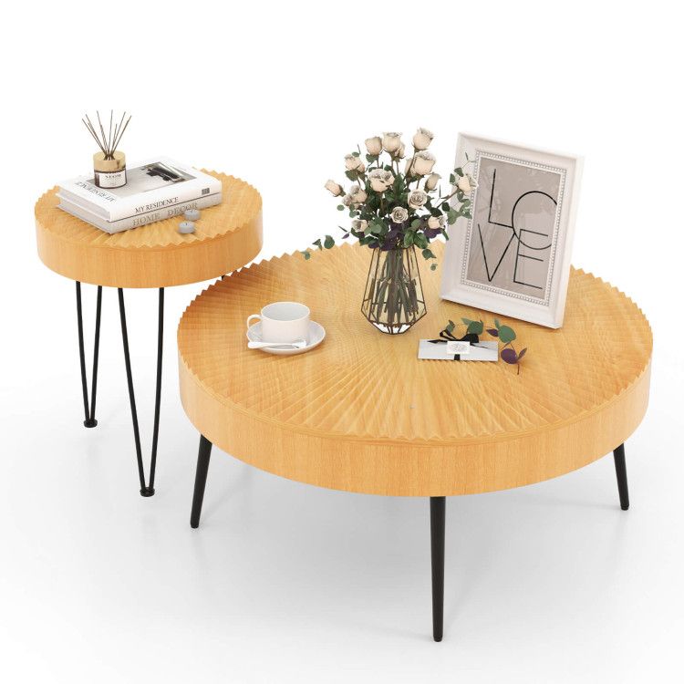 Set of 2 Boho Round Coffee Table with Solid Pine Wood Top and Metal Legs